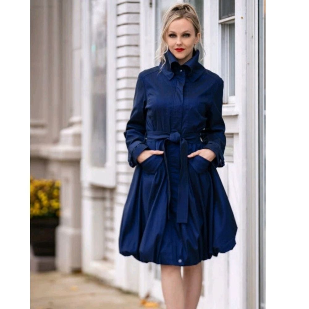 SAMUEL DONG Classic Bubble Trench Coat Dress Midnight Blue Womens S Water Resist